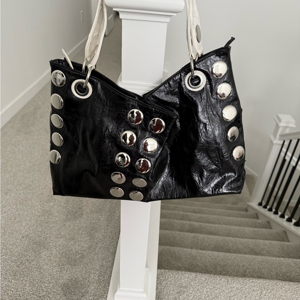 Glossy Black and Silver Studded Shoulder Bag